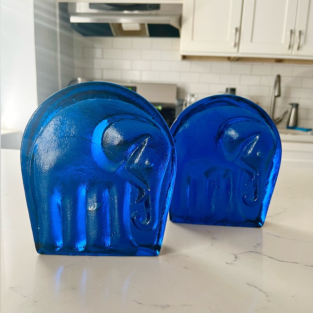 2  Vintage Blenko Glass Cobalt Blue Elephant Bookends by Joel Myers 1960's HEAVY